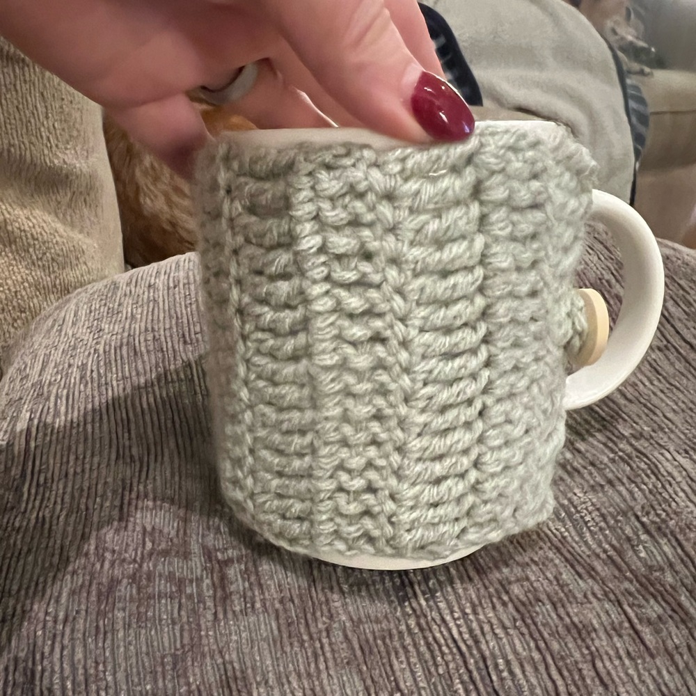 Handmade crochet gray button up coffee cozy